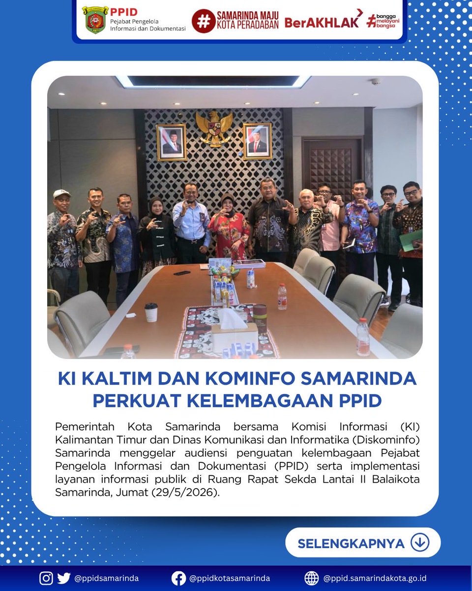ppidsamarinda's tweet photo. Pemerintah Kota Samarinda bersama Komisi Informasi (KI) Kalimantan Timur Diskominfo Samarinda menggelar audiensi penguatan kelembagaan Pejabat Pengelola Informasi dan Dokumentasi (PPID) serta implementasi layanan informasi publik di Ruang Rapat Sekda Lantai II Balaikota Samarinda https://t.co/AJciCMz2M1