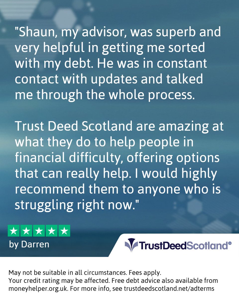 TrustDeedScotl's tweet photo. 🆕 Trust Deed Scotland® @Trustpilot review.
★★★★★ by Darren.
Read more reviews:
➡️ https://t.co/0KAr59mvJ5
What will your Debt Help Story be?
Get started:
➡️ https://t.co/qHLKkMXFmH
📞 0141 221 0999
#shaunfromtrustdeedscotland #debthelpstories https://t.co/we1EATI0pd