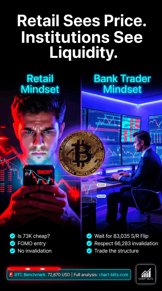 chartblitz's tweet photo. EST 2026-05-29

BTC at 73K is not the answer. It is the middle of the question.

Retail sees 69,111 USD as a dip. A former bank trader waits for 83,035 USD to confirm the S/R Flip.

Full breakdown: https://t.co/rgzjnBKIFz
#BTC #Bitcoin #ChartBlitz #Crypto https://t.co/ZmsEFakglZ