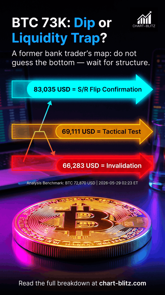 chartblitz's tweet photo. EST 2026-05-29

BTC at 73K is not the answer. It is the middle of the question.

Retail sees 69,111 USD as a dip. A former bank trader waits for 83,035 USD to confirm the S/R Flip.

Full breakdown: https://t.co/rgzjnBKIFz
#BTC #Bitcoin #ChartBlitz #Crypto https://t.co/ZmsEFakglZ