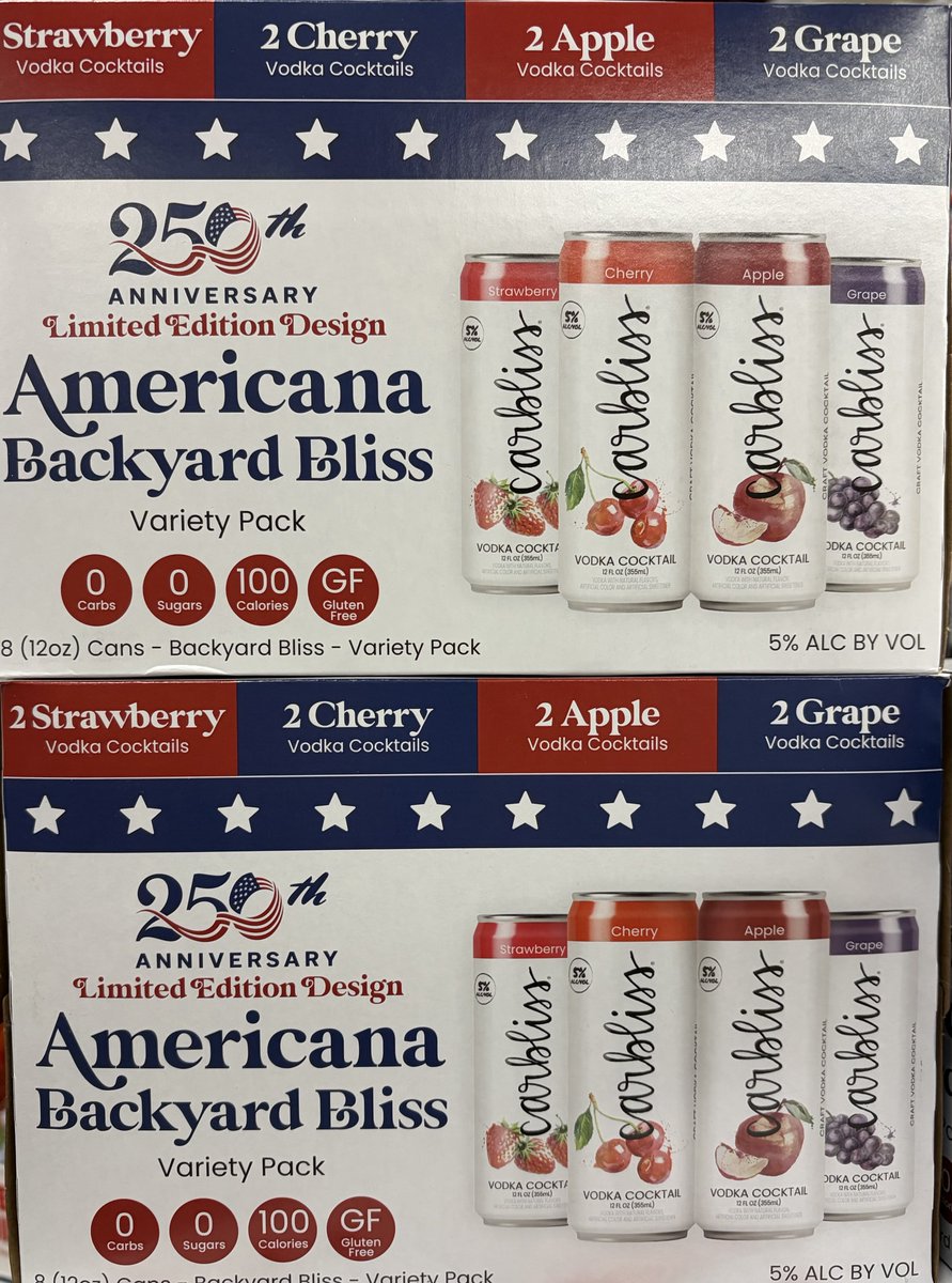 BigDClinton's tweet photo. Try the new variety pack from Carbliss.  Americana Backyard Bliss is available for a limited time and perfect for warm-weather gatherings and for the 250th! https://t.co/0LxlTjGBFH