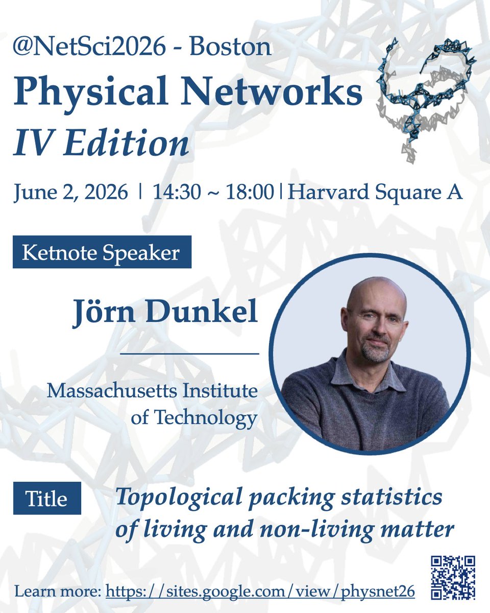 __jymmt__'s tweet photo. Physical Networks IV takes place next Tuesday at @NetSciConf in Boston.

Join us for keynotes by Mason A. Porter, Jörn Dunkel, and Katia Bertoldi, plus invited and contributed talks on physical networks.

June 2 | 14:30-18:00 | Harvard Square A
https://t.co/Vq77h78EZR https://t.co/gqK199Rshx