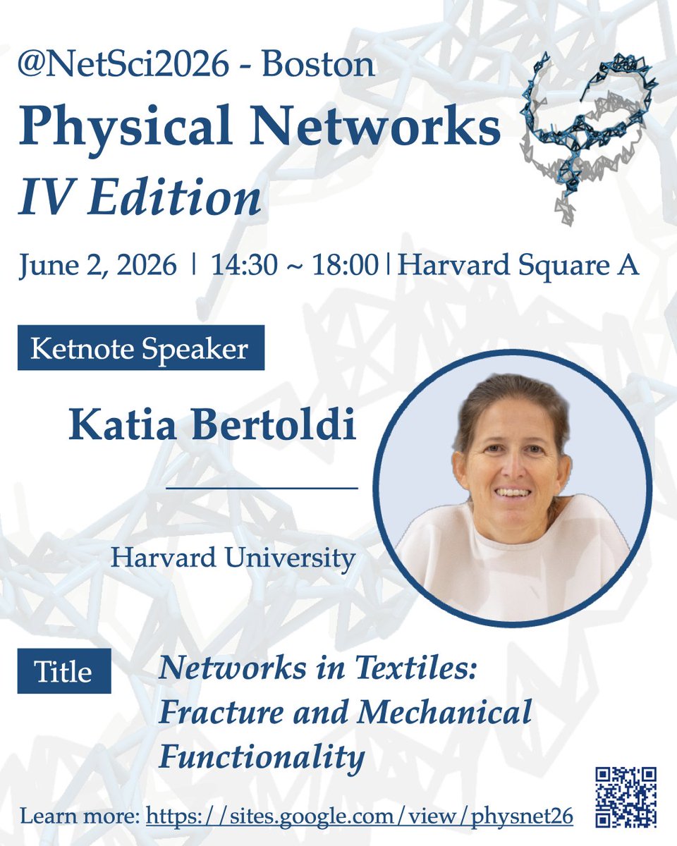 __jymmt__'s tweet photo. Physical Networks IV takes place next Tuesday at @NetSciConf in Boston.

Join us for keynotes by Mason A. Porter, Jörn Dunkel, and Katia Bertoldi, plus invited and contributed talks on physical networks.

June 2 | 14:30-18:00 | Harvard Square A
https://t.co/Vq77h78EZR https://t.co/gqK199Rshx