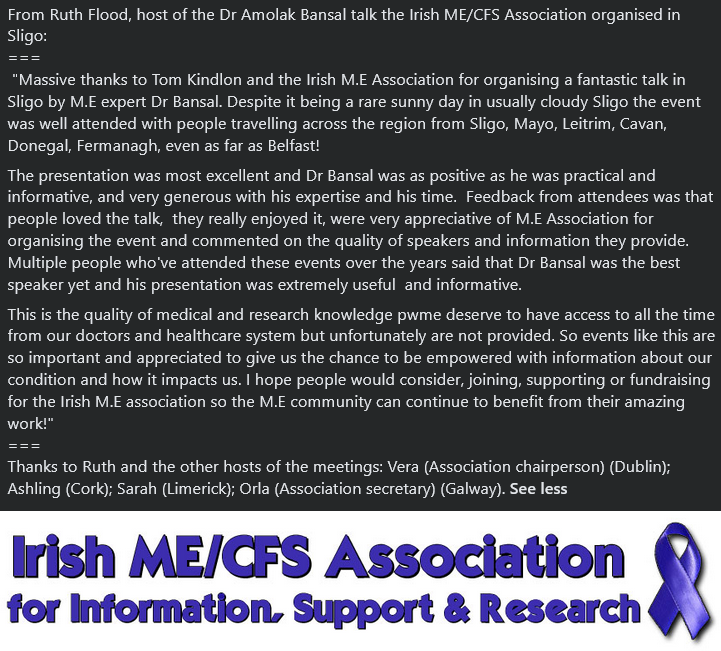 IrishMECFSAssoc's tweet photo. From Ruth Flood, host of the Dr Amolak Bansal talk the Irish ME/CFS Association organised in Sligo

#MEcfs #PwME https://t.co/RGlbOjJ7S5