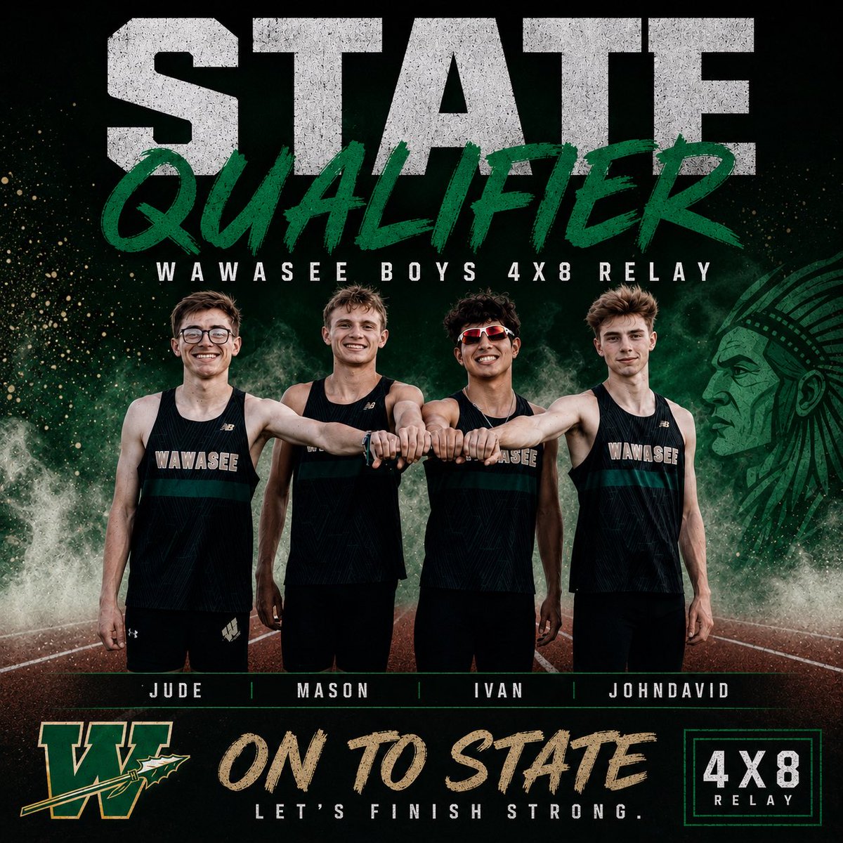 wawasee_xc's tweet photo. State qualifiers in the 4x800. Team of JohnDavid Stoffel, Ivan Waikel, Mason Worrell, Jude Rhodes. Boys ran season best time of 8:01.50 and now 4th fastest in school history. https://t.co/QL1VAwBQH3