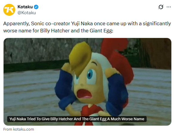 SYACVG's tweet photo. According to former VP and Sega of America product manager Mike Fischer, Yuji Naka tried to call the game "Giant Eggs" and even "Billy Hatcher and the Giant Cock". https://t.co/S6XpRh3am4