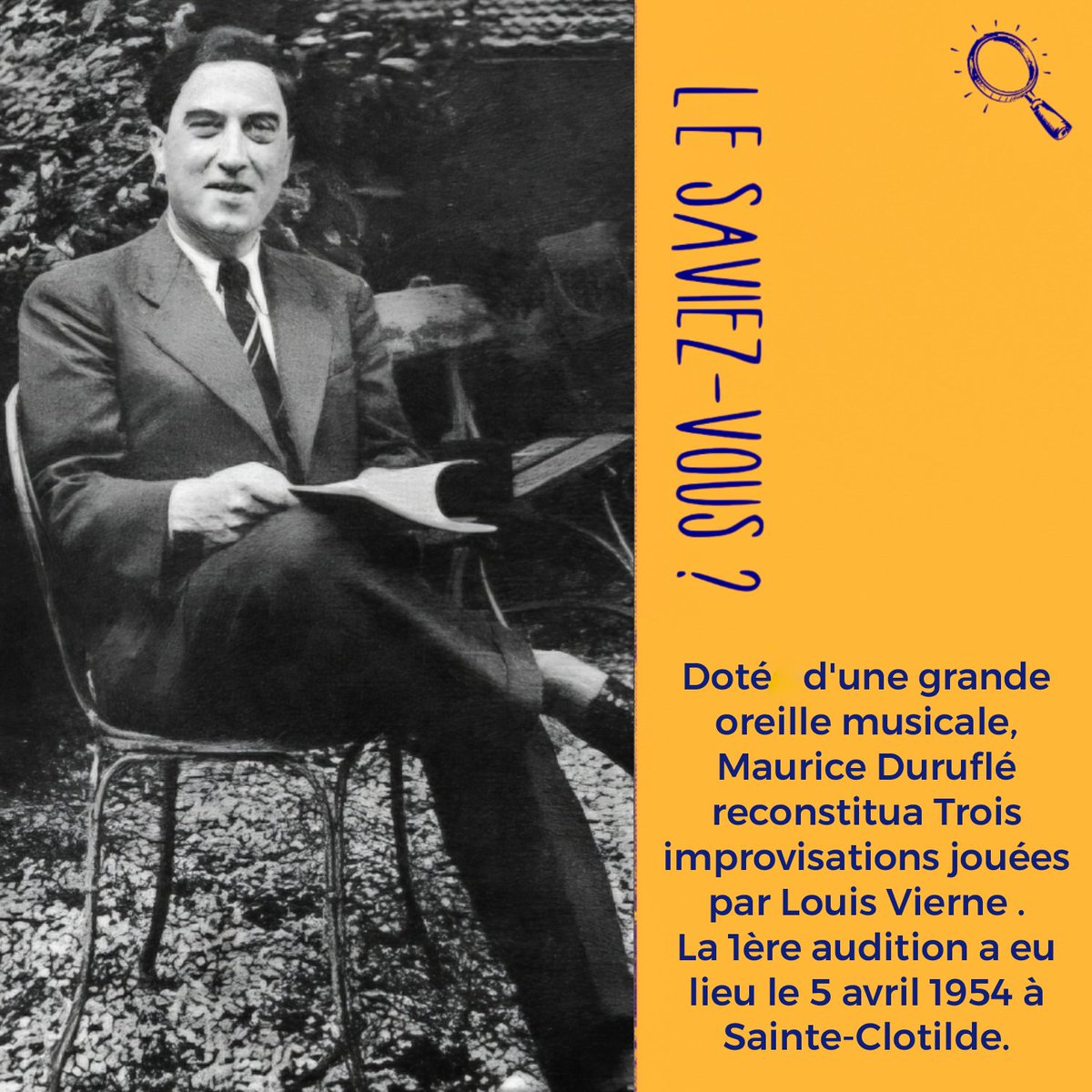OrgueGrand's tweet photo. 𝕃𝕖 𝕤𝕒𝕧𝕚𝕖𝕫-𝕧𝕠𝕦𝕤 ???

Doté d'une grande oreille musicale, Maurice Duruflé reconstitua trois improvisations jouées par Louis Vierne.
La 1ère audition a eu lieu le 5 avril 1954 à Sainte-Clotilde.

#mauricedurufle #grandorguedesainteclotilde #musiquesacree #mauricedurufle https://t.co/grreNDEj78