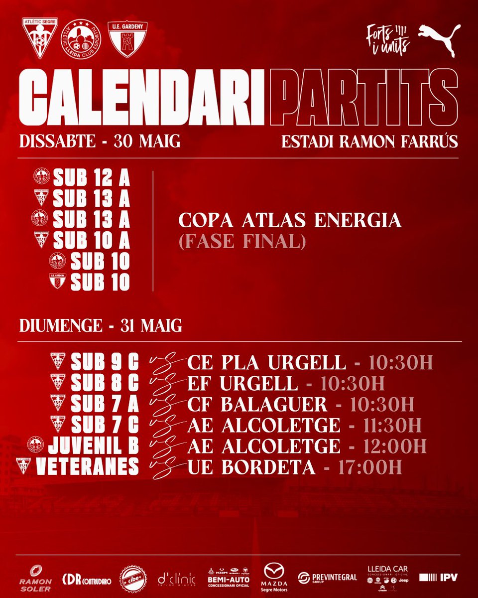 AtleticSegre's tweet photo. Horaris dels partits del cap de setmana
(30 i 31 Maig).

#fortsiunits❤️🤍 https://t.co/xYnuE407fV