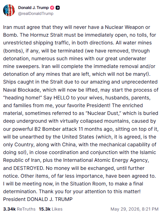 ANI's tweet photo. On Truth Social, US President Donald Trump says, "Iran must agree that they will never have a Nuclear Weapon or Bomb. The Hormuz Strait must be immediately open, no tolls, for unrestricted shipping traffic, in both directions. All water mines (bombs), if any, will be terminated... Ships caught in the Strait due to our amazing and unprecedented Naval Blockade, which will now be lifted, may start the process of "heading home!"..."