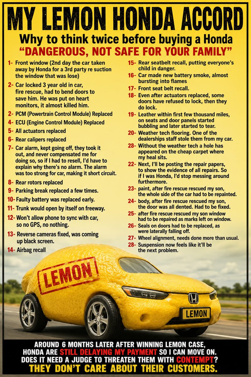 HughMacIntyre9's tweet photo. @HondaInAmerica @HondaOwnersUSA 
So because Honda are way late in paying my lemon law money. 
Here’s some of the reason, never to buy a Honda people. My car problems, with low miles. 

Read poster and post all my problems
#honda #hondaproblems #hondalemon #lemoncar https://t.co/2IcYfUL3O8