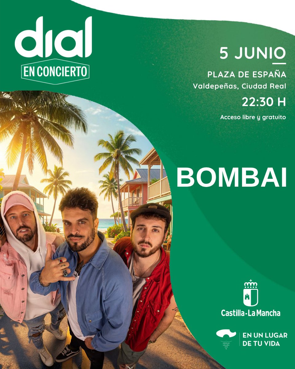 CadenaDialCLM's tweet photo. ⏳🎶 ¡SOLO FALTA UNA SEMANA! 🎶⏳

@bombaioficial llega a #Valdepeñas para el XV Concierto de @Cadena_Dial 💫

📍 Plaza de España
📅 5 de junio | 🕥 22:30 h
🎟️ Acceso libre

Patrocinan: @gobjccm y @turismoclm 

📻 Cadena Dial, lo mejor de nuestra música 💚 https://t.co/pGAlcyVqFB