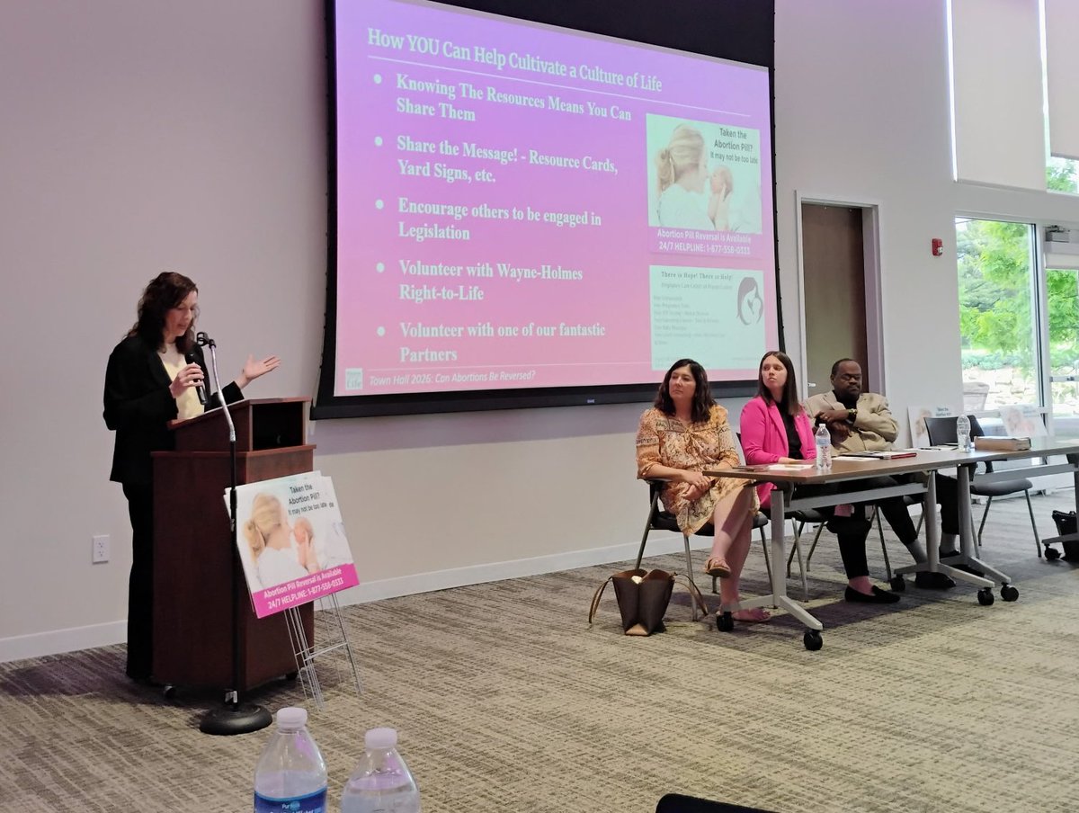 ohiolife's tweet photo. It was a privilege to be part of the Wayne-Holmes Right to Life (Ohio) Townhall on Abortion Pill Reversal! Bekah Hilty of Pregnancy Care Center of Wayne County, State Rep. Meredith Craig, Pastor Walter Moss, and Ohio Right to Life Executive Director Carrie Snyder each discussed aspects of abortion pill reversal and the need to increase public awareness about this process.
The primary abortion pill, mifepristone, stops progesterone in a woman's body, cutting off nutrition to the baby. If a woman takes the first pill and regrets it--which is common--she can seek out help from https://t.co/migRweAXm2 which will connect her to medical support to determine if there is still a window of time to help. The reversal process only involves restoring progesterone to her body and is not dangerous to her health. Studies estimate that if reversal starts in time, over 60% of babies can be saved.