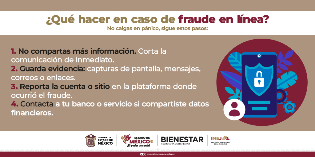 IMEJ_'s tweet photo. Los fraudes en línea son cada vez más comunes, pero saber cómo actuar puede ayudarte a reducir riesgos y proteger tu información.
La prevención y la rapidez son clave para evitar mayores consecuencias.
#LaGeneraciónDeLaTransformación
#ElPoderDeServir https://t.co/whlaF7V2JD