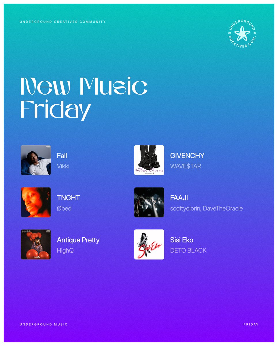 UCCommunityy's tweet photo. UCC NEW MUSIC FRIDAY 🎶 

• FALL- Vikki
• TNGHT- Øbed
• ANTIQUE PRETTY- HighQ
• GIVENCHY- WAVE$TAR
• FAAJI- scottyolorin, DaveTheOracle
• SISI EKO- DETO BLACK

AND MORE ⬇️ 🔗 https://t.co/v5LwI8vTnt