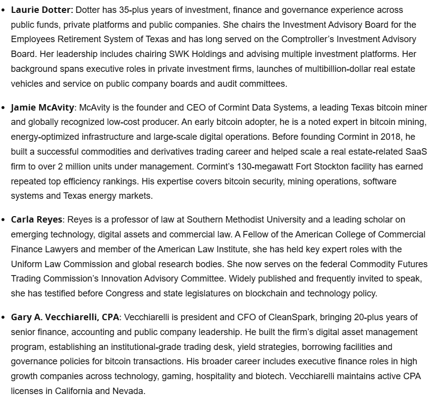 CryptoBizzle's tweet photo. Texas has been taking some big steps to set up its bitcoin reserve.

Committee members joining Comptroller Hancock include the CleanSpark CFO, the CEO of Cormint, a law professor and a Texas state investment exec.

The state is also looking for a firm to help in acquiring, managing and custodying bitcoin for its reserve.

At the moment, the reserve has $10 million in IBIT, but its looking to move that over to direct BTC holdings later this year.

Read more 👇