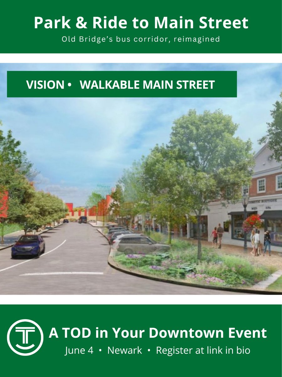 NJTOD's tweet photo. Join us on June 4 in Newark for a free Transit Friendly event

Old Bridge shows how bus corridors can support transit-oriented development with plans for a walkable main street and up to 4,300 new homes within walking distance of the bus.

🔗 https://t.co/1GnENYH7L2 https://t.co/4aTUN5CqHV