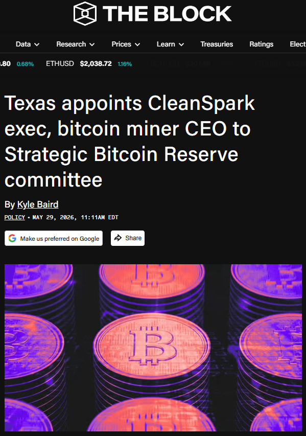 CryptoBizzle's tweet photo. Texas has been taking some big steps to set up its bitcoin reserve.

Committee members joining Comptroller Hancock include the CleanSpark CFO, the CEO of Cormint, a law professor and a Texas state investment exec.

The state is also looking for a firm to help in acquiring, managing and custodying bitcoin for its reserve.

At the moment, the reserve has $10 million in IBIT, but its looking to move that over to direct BTC holdings later this year.

Read more 👇