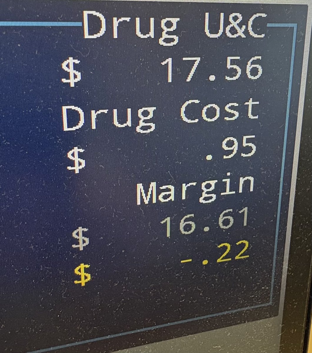 hogsslaughtered's tweet photo. The drug is Prednisone.The PBM is Express Scripts.The plan is @TRICARE. The drug costs pharmacy $0.95. The reimbursement is zero from Tricare, with a $0.73 copay 4 patient.  Pharmacy lost $0.22 just on medication costs.This does not factor cost of dispensing. A stamp costs $0.78 https://t.co/GFCu4zY4KU