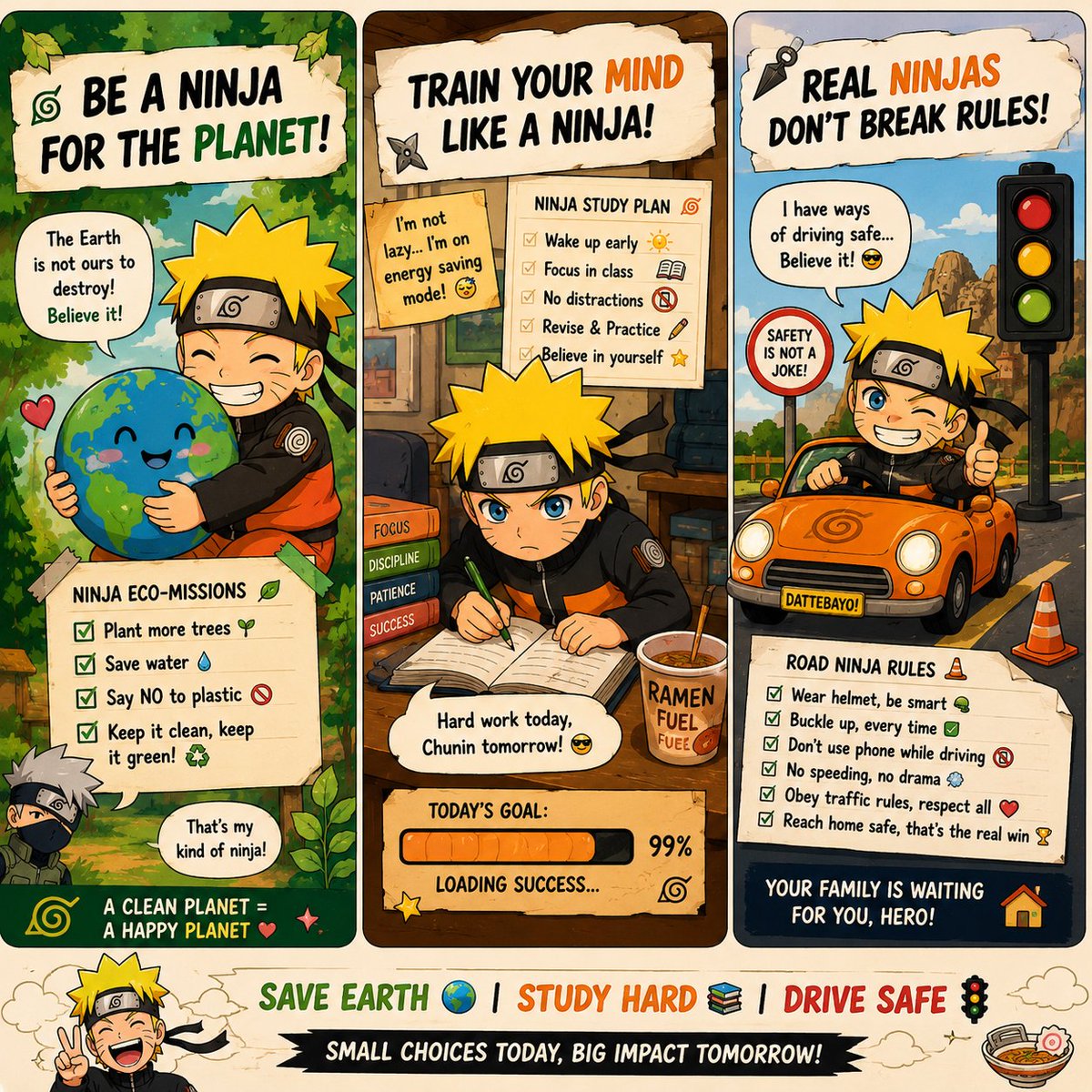 Dipankarango's tweet photo. Saving the Earth 🌍, studying like a ninja 📚, and following traffic rules 🚦... Naruto really is training for every mission 😭🍜

Believe it! Small habits today = Hokage-level success tomorrow. ✨

#Naruto #AnimeFans #SaveEarth #StudyHard #RoadSafety #BelieveIt #AnimePost https://t.co/OjQ8MklJft