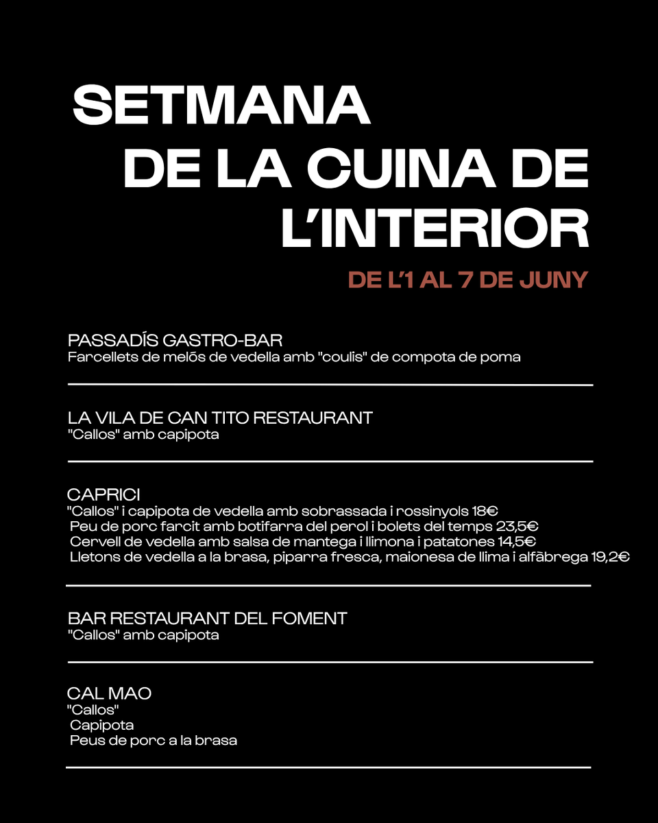 vadeFOODIES_igd's tweet photo. Setmana de la cuina de l'interior | Una trentena de restaurants participaran de l'1 al 7 de juny a la Setmana oferint plats com callos, capipota, peus de porc o melós de vedella. ⬇️ https://t.co/g4duf93H0b