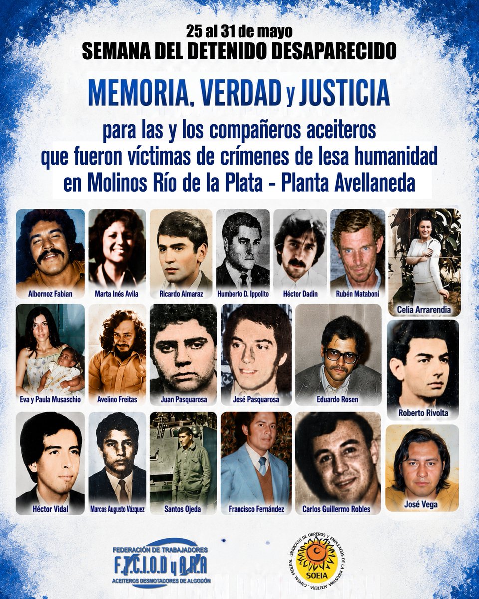 FTCIODyARA's tweet photo. En la Semana del Detenido Desaparecido, reiteramos nuestro reclamo por #MemoriaVerdadyJusticia para las y los compañeros de la planta Avellaneda de Molinos Río de la Plata, víctimas de la dictadura cívico-militar.

#QueDiganDondeEstan https://t.co/k0h6UHi3ZE