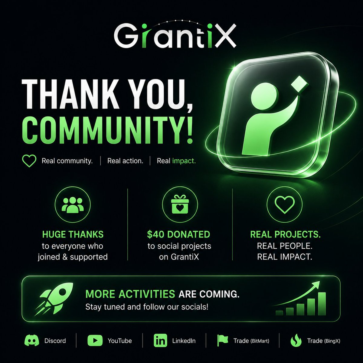 GXSLTD's tweet photo. Huge thanks to everyone who joined, posted, commented, shared  GrantiX across socials.

The winners didn’t just take rewards — they directed part of the pool into real social projects on GrantiX.

As a result, $40 was donated to social projects selected by our community.

Projects felt the support. The community showed up. Impact moved on-chain.

This was only the beginning.

More activities, more drops, more ways to support real-world impact are coming.

Stay close. Follow our socials. Don’t fade the next one.