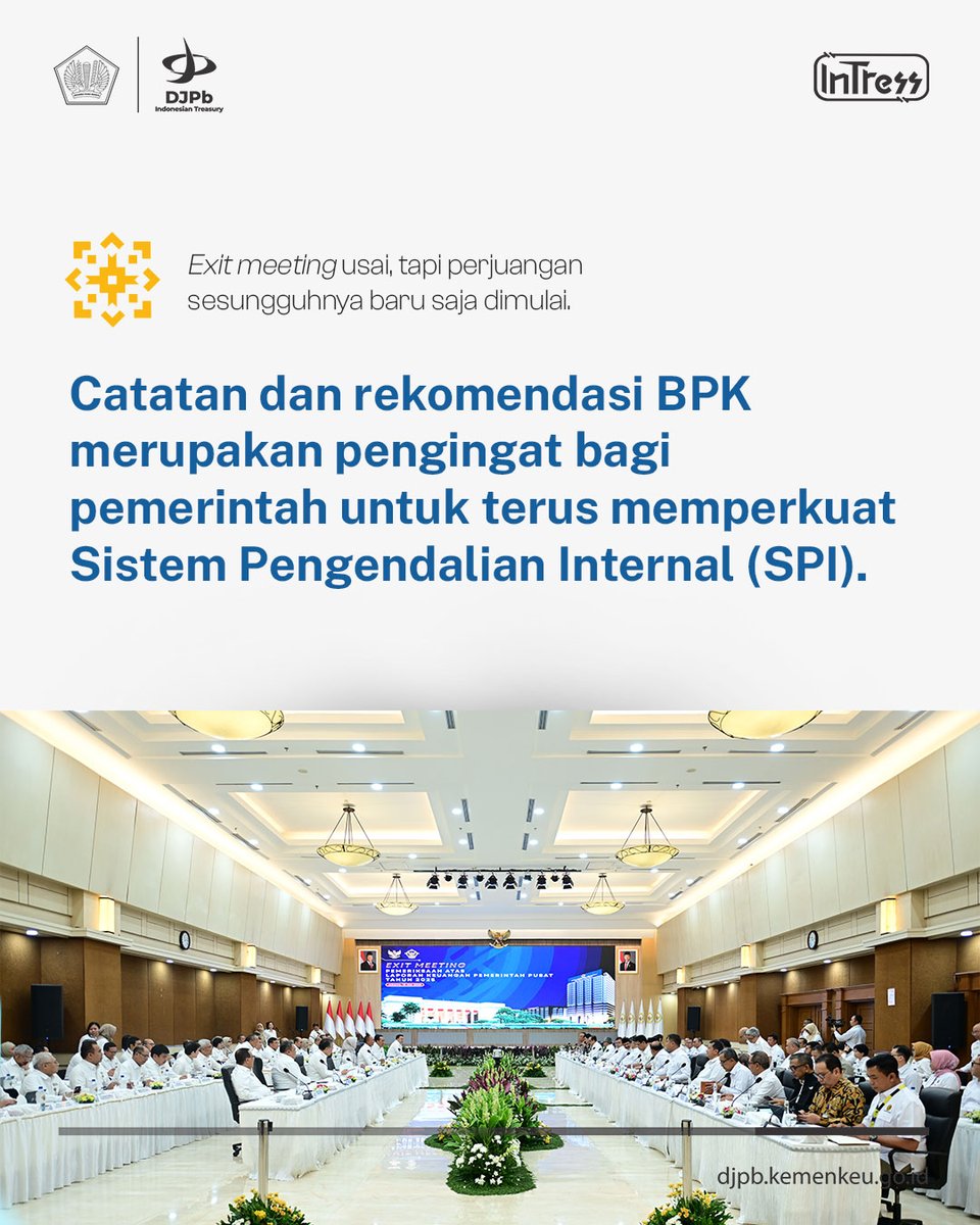 DJPb_Kemenkeu's tweet photo. Exit meeting bukanlah akhir, melainkan awal dari komitmen nyata menjaga opini terbaik atas LKPP.

Dengan disiplin, kolaborasi, dan komitmen, opini terbaik atas LKPP dapat diwujudkan sebagai simbol akuntabilitas pengelolaan keuangan negara🇮🇩💪

#APBNKiTa #MenujuWTP #GoodGovernance https://t.co/xEUmMXtteY