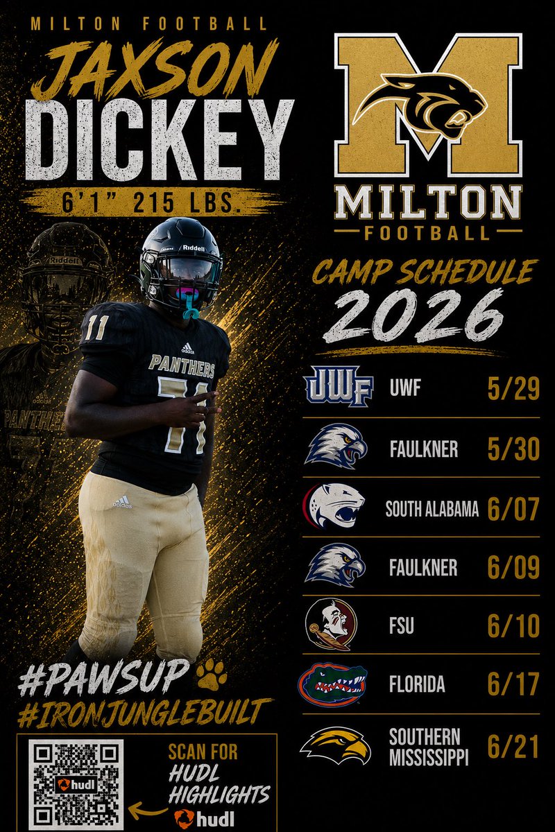 jaxsonDickeyy's tweet photo. Excited to participate in all these camps this summer‼️ @Ryan_Vandervort @Markgreeny @PrepRedzoneFL @RivalsHS @UWFFootball @CoachMelo90 @CoachKNobles @247recruiting @FaulknerFTBL @SouthAlabamaFB @FSUFootball @Coach2Bless @GatorsFB @CoachGChatman @SouthernMissFB @BLester1993 https://t.co/XR1l4mbMwu