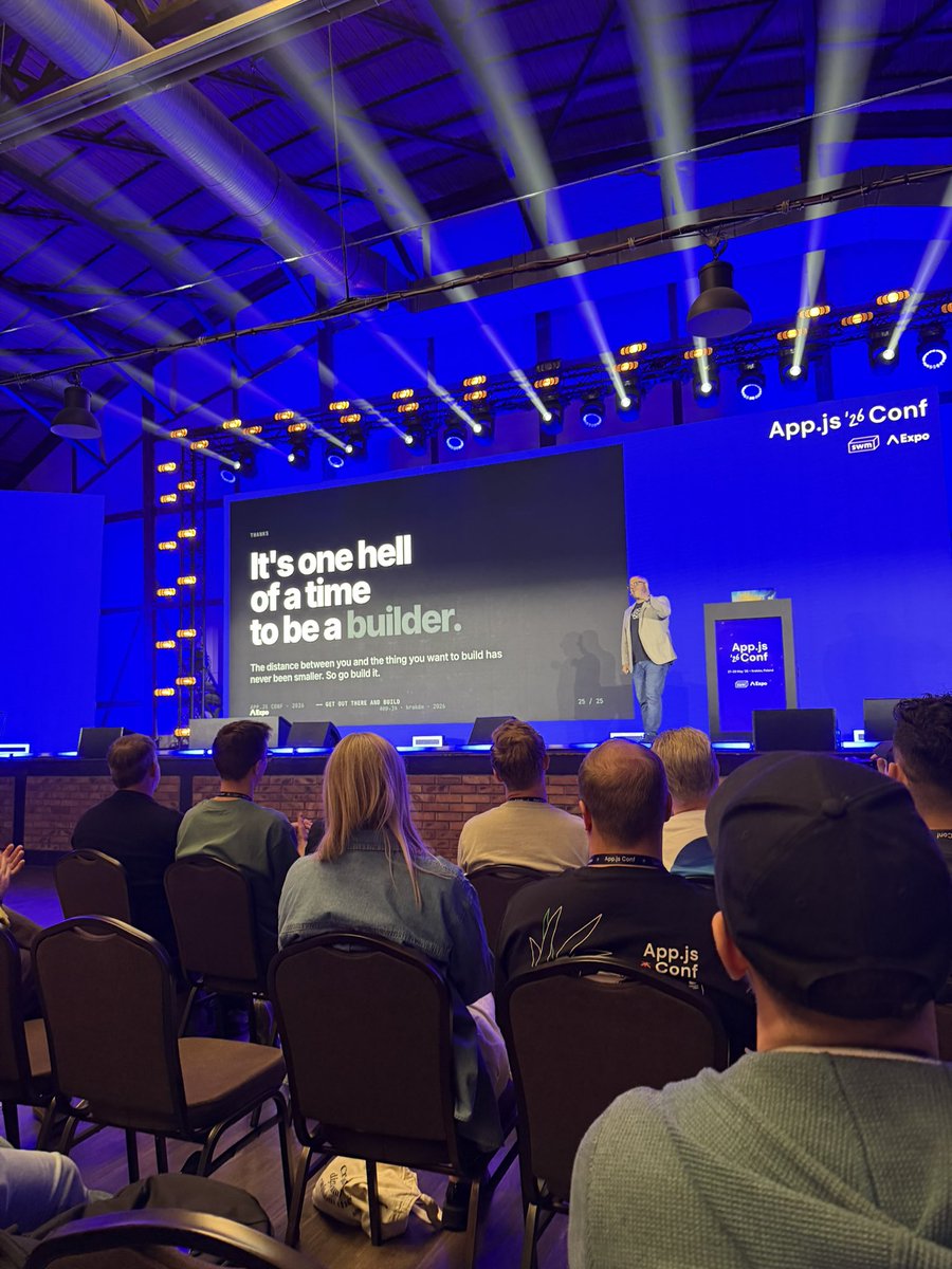 szdziedzic's tweet photo. It’s great time to be a builder 🚀

Very inspiring talk by @sethwebster 

Great way to close @appjsconf 2026. I loved it 🔥! https://t.co/n87sJeeYDP