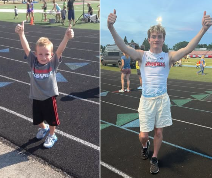 CoachHerriot's tweet photo. People often assume fast kids just sort of show up.

Here’s @RyanHeiman24 on the day he first "showed up" next to his last home meet. After track camp, he loved running so much that I gave him a relay baton to take home. He still has it today.

Talent/Passion/Dedication https://t.co/o1GYzPkmep