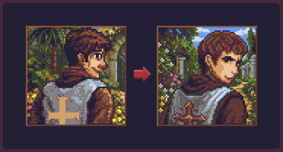 CompromiseDev's tweet photo. #redraw of the day 🥰

An off-duty Holy Knight who is definitely just casually visiting the Garden. Most certainly not looking for an excuse to smite anyone 😅

That face angle was disastrously difficult 🫠

#indiedev #gamedev #pixelart #ドット絵 https://t.co/A52fLtPo0c