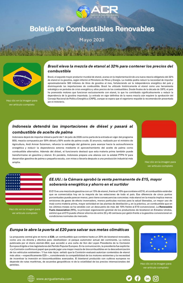 acrguate's tweet photo. ACR Te invita a descargar el Boletín del mes de mayo 2026, entérate de lo que pasa en el mundo de los biocombustibles. Descárgalo aquí: https://t.co/NPskycVTpr https://t.co/NiC5TTaZqV