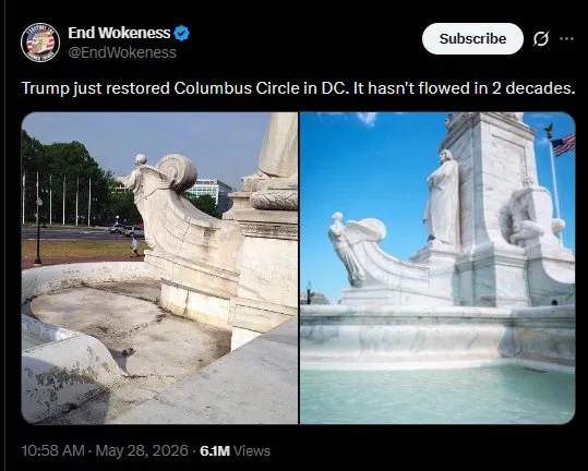 royermattw's tweet photo. They turned the Columbus fountain back on for the first time since 2007. Fine. It was broken.

Here's what they're not tweeting out: it's paid for with national park entrance fees. $67 million pulled from parks across the country to fix DC fountains before the World Cup and July 4th.

Nine fountains. A Reflecting Pool, they're painting blue for $13 million on a no-bid contract, seven times what they promised.

Working fountains for the tourists. Crumbling parks for everyone else. The bill goes to you.