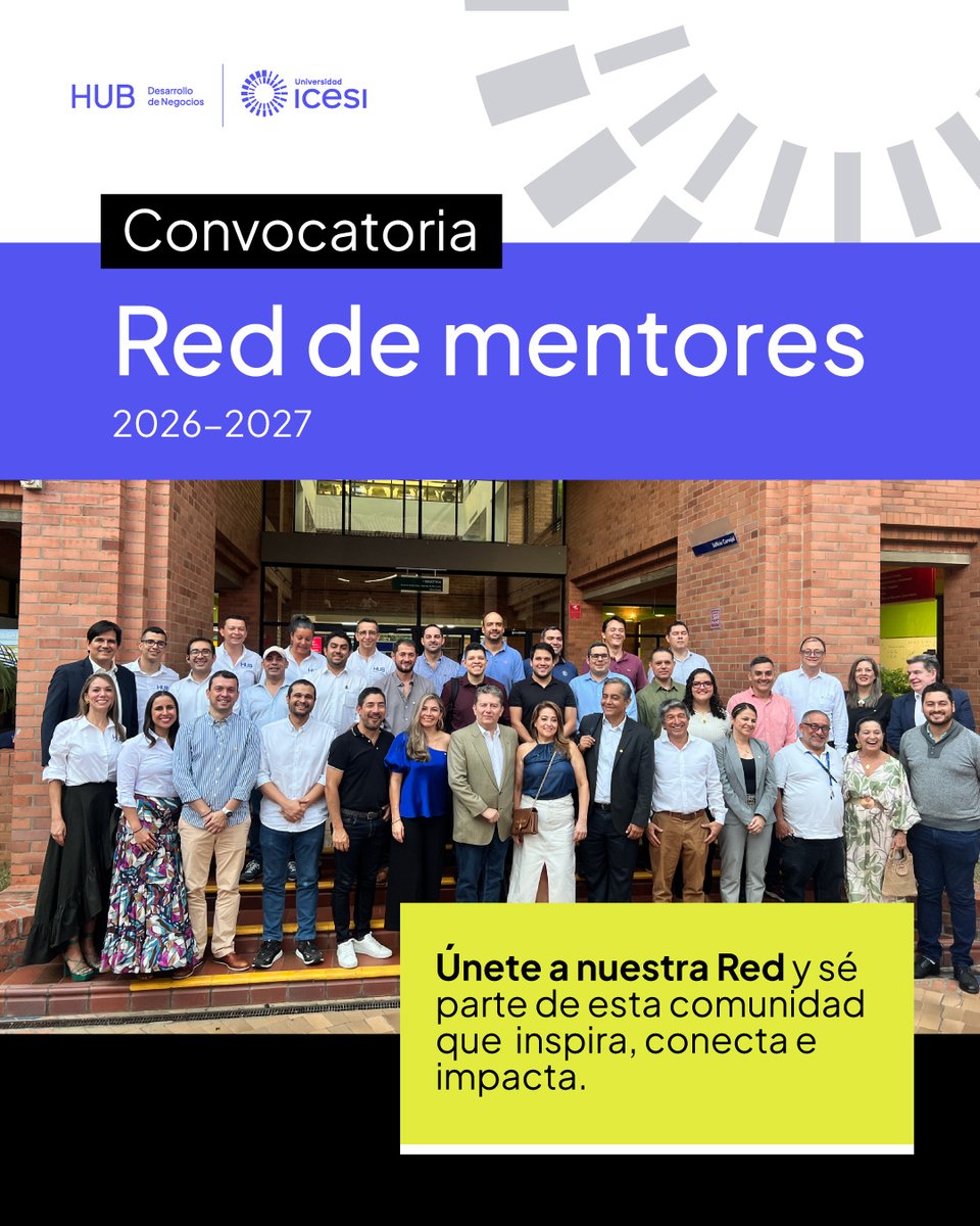 icesi's tweet photo. ¿Quieres compartir tu experiencia y aportar al crecimiento de nuevas generaciones de líderes, emprendedores y empresarios? 🌟

La Universidad Icesi abre la convocatoria de la Red de Mentores Icesi 2026-2027, una comunidad que conecta experiencia, formación y desarrollo empresarial para impulsar iniciativas con impacto. 🧠

La convocatoria está dirigida a:

✔️ Profesionales con experiencia en áreas como innovación, marketing, finanzas, inteligencia artificial, legal, UX, estrategia, comunicación y modelos de negocio.

✔️ Empresarios, socios y directivos con trayectoria en liderazgo, negociación, crecimiento y escalamiento empresarial.

✔️ Actores del ecosistema empresarial interesados en compartir su experiencia y generar impacto.
Únete a una comunidad que inspira, conecta e impacta.  🌍💫

📅 Inscripciones abiertas hasta el 12 de julio.
🔗 Postúlate en https://t.co/OpWVMJO4bm

#UniversidadIcesi #RedDeMentores #Emprendimiento #Innovación #Liderazgo #Networking #Mentoría #HUBIcesi