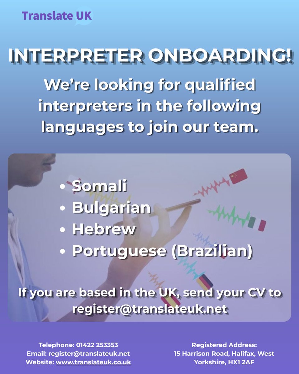 TranslateUK's tweet photo. Are you interested in registering as an interpreter with us?

If so, make sure to send you CV to regsiter@translateuk.net

#languages #translateuk #interpreting https://t.co/BbqQkhtlyR