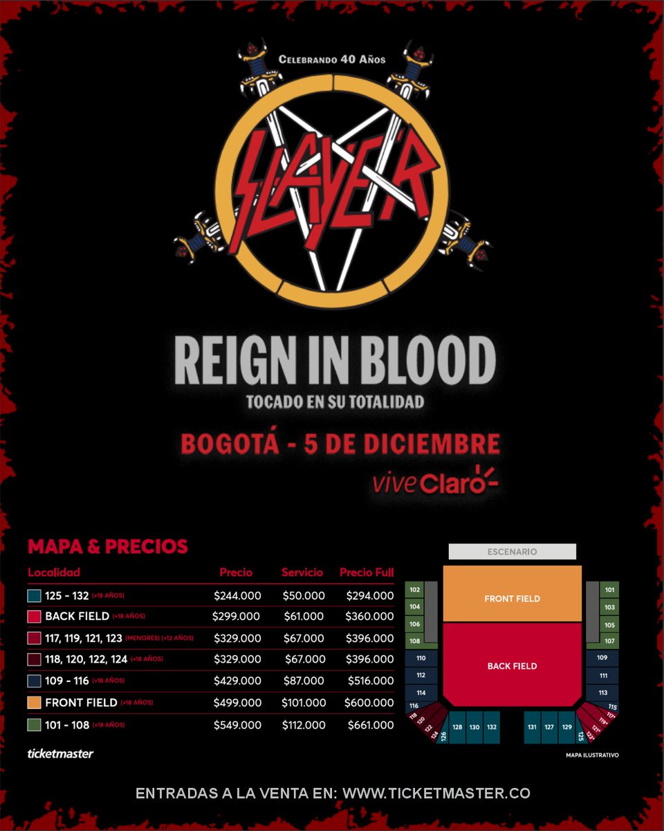slayercolombia's tweet photo. 9 años después ... @Slayer regresa a Colombia , el momento de escoger sus ubicaciones y presencia el culto al #thrashmetal en cabeza de sus reyes ! Organiza @moveconcertsco sigan nuestras redes en facebook, instagram y tik tok como @slayercolombia https://t.co/aebGHZLBYr