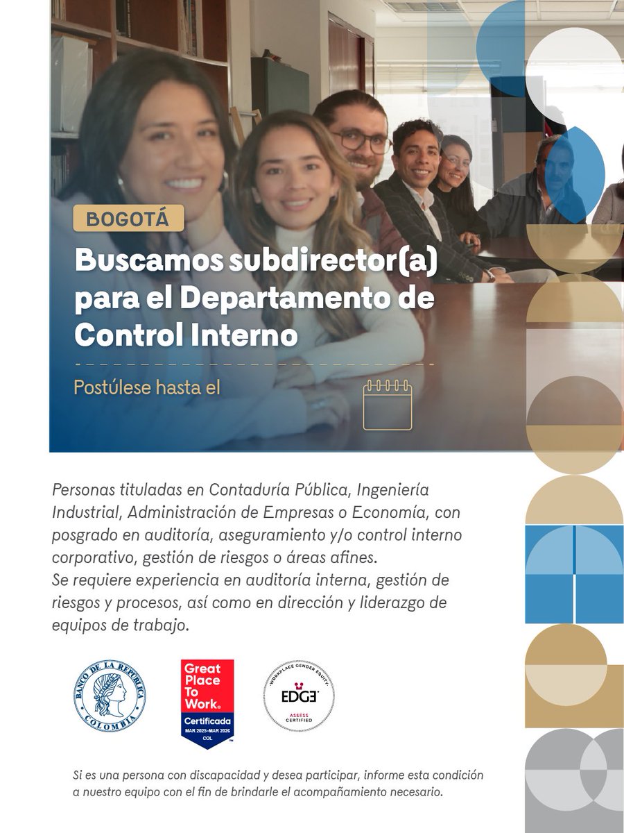 BancoRepublica's tweet photo. ¡Haga parte del #TalentoBanRep y deje huella en Colombia!
Buscamos subdirector(a) para el Departamento de Control Interno. Postúlese hasta el 3 de junio de 2026, consulte más información 👉 https://t.co/40Uwd3wbbI
Importante: Las ofertas de empleo del Banco de la República son completamente gratuitas y no se requiere de intermediarios para acceder o participar en las mismas.