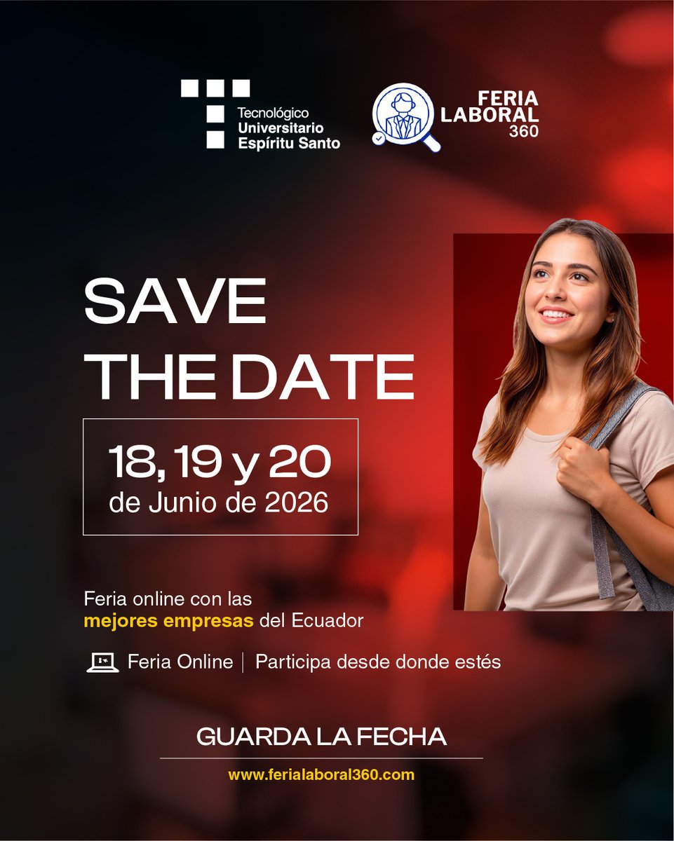 TesEcuador's tweet photo. Tu próximo empleo podría comenzar aquí.

La Feria Laboral 360 – Junio 2026 llega para conectar a estudiantes, egresados y jóvenes profesionales con algunas de las mejores empresas del Ecuador.

💼 Explora oportunidades laborales y prácticas profesionales.
🌎 Participa desde cualquier lugar del país.
📈 Crea tu perfil profesional y haz visible tu talento ante potenciales empleadores.

📅 18, 19 y 20 de junio de 2026
💻 Modalidad 100% online

El futuro profesional no espera. Prepárate, conecta y descubre nuevas oportunidades para crecer.

🔗 Regístrate en: https://t.co/1FXN3wTurT