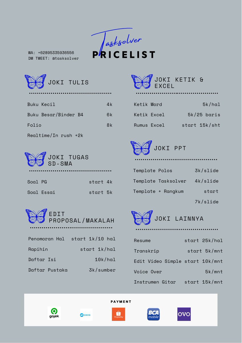 tasksolver's tweet photo. hi! tasksolver open joki yaaa

🍬 joki excel
🍬 joki ppt
🍬 joki rangkum
🍬 joki daftar isi
🍬 joki edit video
🍬 joki makalah/paper/essai
🍬 joki farmasi
🍬 review buku
🍬 edit foto, design, artwork, flyer

📩 https://t.co/FPeGQ8BIIr

#jokitugas #zonaba #zonauang #jokiexcel https://t.co/qWQQDAqv9e