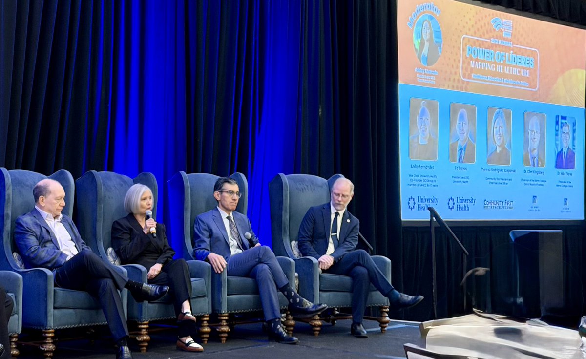 MySAWS's tweet photo. Our SAWS Board of Trustee Theresa Rodriguez Scepanski participated in a panel discussion on healthcare this morning at the 2nd annual Power of Líderes symposium hosted by the @SAHispanicCC. The initiative brings together leaders from   @UnivHealthSA, @AlamoColleges1 & Community First Health Plans to focus on #education, workforce pipelines, & economic impact.