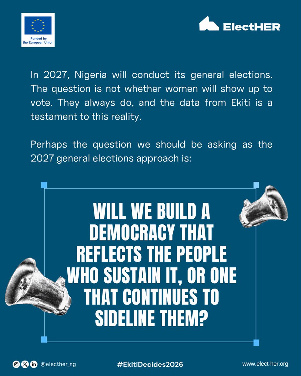 ElectHER_NG's tweet photo. It reflects a broader national pattern where women remain underrepresented across political leadership. The challenge is not a lack of ambition; it is the persistence of political and institutional systems that continue to limit women’s pathways to power.

#ElectHER #RoadTo2027 https://t.co/NlOfgiCo7I