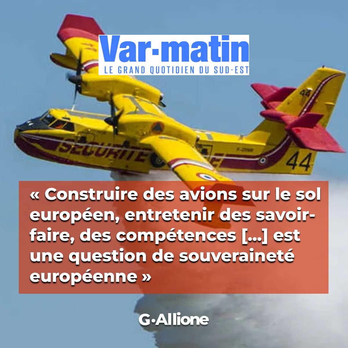 GregoryAllione's tweet photo. Le Canadair est un avion dépassé, des années 1960.

Il a sauvé des milliers d'hectares de forêt mais il n'est plus adapté aux feux hors-normes qui nous attendent.

C'est ce que j'ai dit à @Var_Matin , qui consacre un dossier au renouvellement de nos moyens aériens de lutte contre les feux de forêt. Trois constats que je veux partager ici :

🔻 1. Les délais ne sont pas tenables.

Quatre nouveaux Canadair ont été commandés en 2022, livraisons promises par De Havilland pour 2028. D'après mes informations, le constructeur canadien a perdu certaines compétences industrielles. Je suis plus que dubitatif. Et même livrés à temps, ces appareils resteront une conception des années 1960 face à des feux du XXIe siècle.

🔺 2. La relève doit être européenne, et elle se construit en France.

À Istres, Hynaero vient de lever 117 millions d'euros pour le Frégate-F100. 10 tonnes d'eau par largage, avionique moderne, conception européenne. Premier vol prévu début 2031, livraisons fin 2032.

À Toulouse, Kepplair Evolution transforme par kit l'ATR 72 en bombardier d'eau "multi-rôle" disponible dès 2027. 5 millions d'euros viennent d'être débloqués par l'État (France 2030) et la Région Occitanie. Le projet est qualifié "d'intérêt national".

Deux projets complémentaires. Deux preuves que la souveraineté industrielle européenne sur la protection civile est possible et doit être soutenue.

🔻3. N'oublions pas nos Beechcraft 200.

Trois appareils, encore plus vieux que les Canadair. Ce sont eux qui commandent les opérations en vol et permettent de prioriser quand plusieurs feux se déclarent simultanément. J'y vole encore en mission.

Leur remplacement est urgent…et accessible : des avions existent sur étagère, il suffit de les équiper.

Investir dans nos moyens de protection civile, c'est investir dans notre souveraineté, dans notre industrie aéronautique, et dans la sécurité de nos concitoyens.