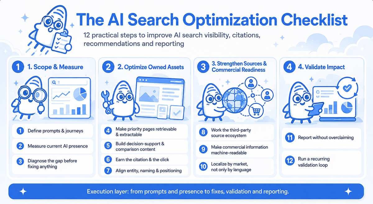 aleyda's tweet photo. 🚨 I’ve just updated my AI Search Optimization Checklist (and worksheet) 👇

Following a workflow for a strategical AI search optimization process:

✅ Which prompts and journeys do we actually want to influence?
✅ Where are we visible, cited, recommended or missing?
✅ Which owned pages and third-party sources are shaping the answers?
✅ What needs to be fixed: content, accessibility, entity clarity, source ecosystem, commercial data, localization…?
✅ How do we validate if the changes moved the needle?
✅ How do we report progress without overclaiming AI impact?

It now includes:
⭐️ 12 practical AI search optimization steps
⭐️ Examples and “what good looks like” sections
⭐️ Prompt and presence measurement guidance
⭐️ Gap diagnosis and prioritization examples
⭐️ Source ecosystem mapping
⭐️ Commercial and transactional readiness checks
⭐️ International/local AI search considerations
⭐️ Reporting guidance to separate observed, proxy and modelled signals
⭐️ A recurring validation workflow
⭐️ A downloadable checklist worksheet to use it in practice

The biggest point I’d emphasize: AI search optimization should start with understanding which AI-assisted journeys matter, how your brand appears across them, which sources influence the answers, and what you need to improve to be selected, cited, recommended and accurately represented.

Guide + checklist worksheet here:

https://t.co/e87HMPhDce