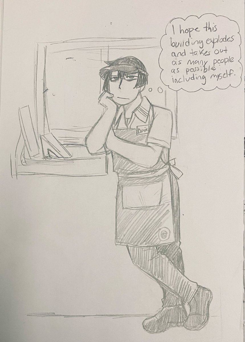 Warrioroflizard's tweet photo. When I love hate a character enough I draw them working food service so here’s Fandaniel working at Garl’monalds https://t.co/OhSpbM6SqD