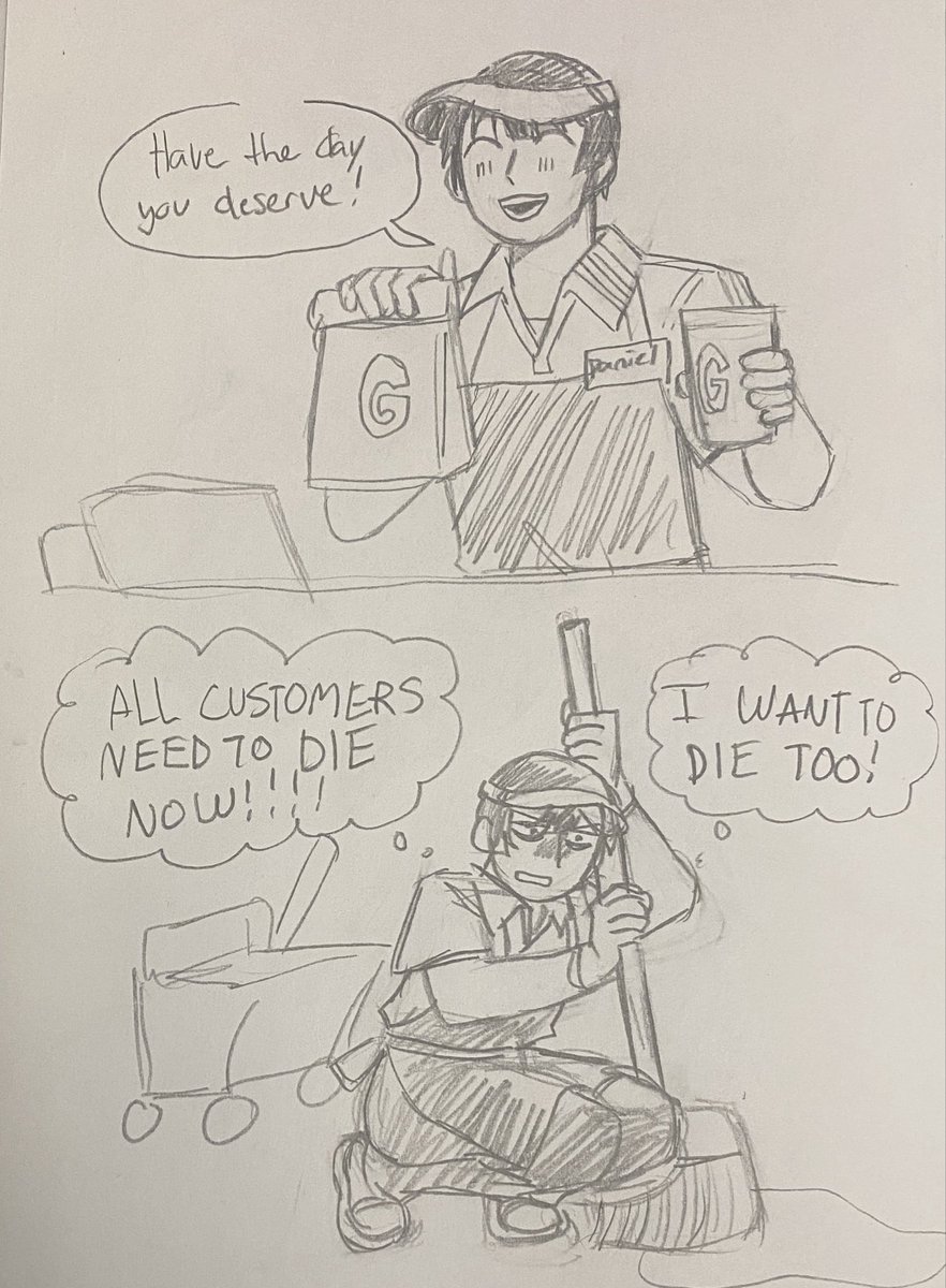 Warrioroflizard's tweet photo. When I love hate a character enough I draw them working food service so here’s Fandaniel working at Garl’monalds https://t.co/OhSpbM6SqD