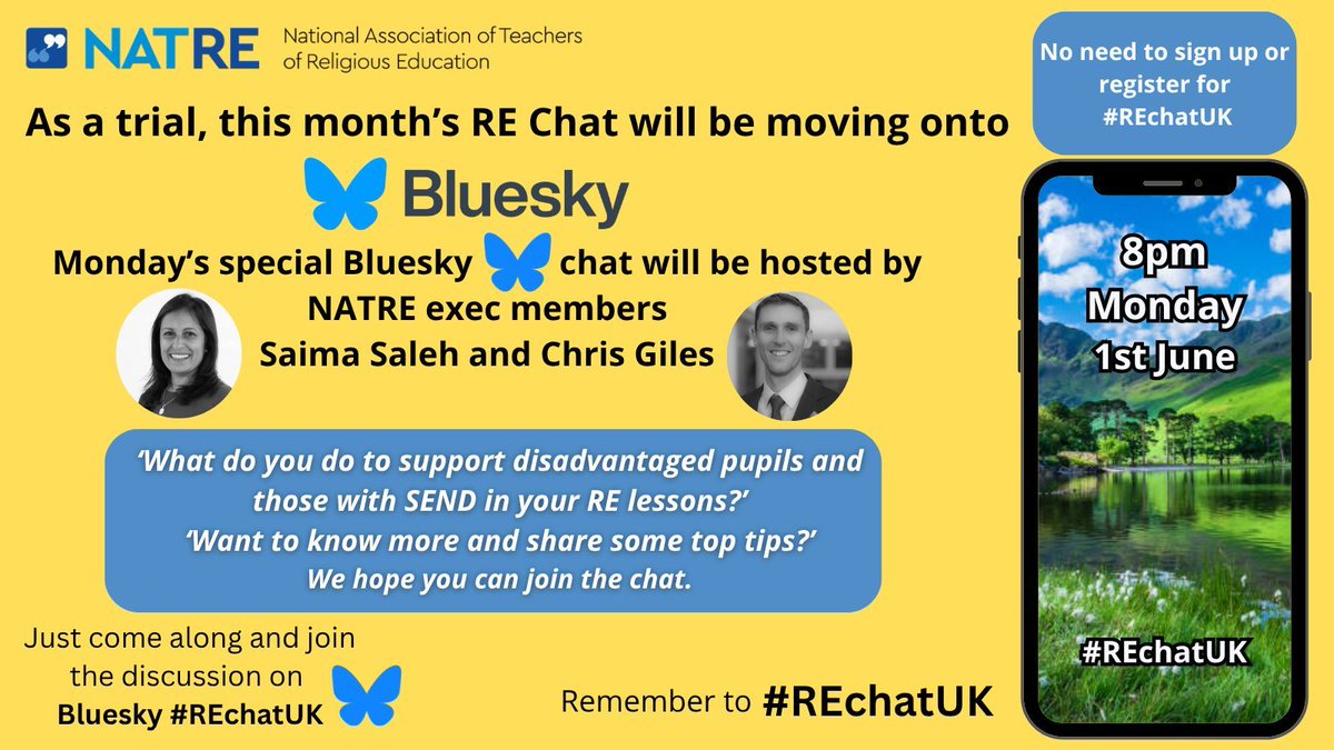 NATREupdate's tweet photo. On Monday 8-9pm, for a trial period, RE Chat will be on Bluesky. Saima and Chris from the NATRE Exec team will be discussing how we can support our children who are disadvantaged and those with SEND.  We hope you can join the discussion. Remember to #REchatUK https://t.co/p7izx70g8b