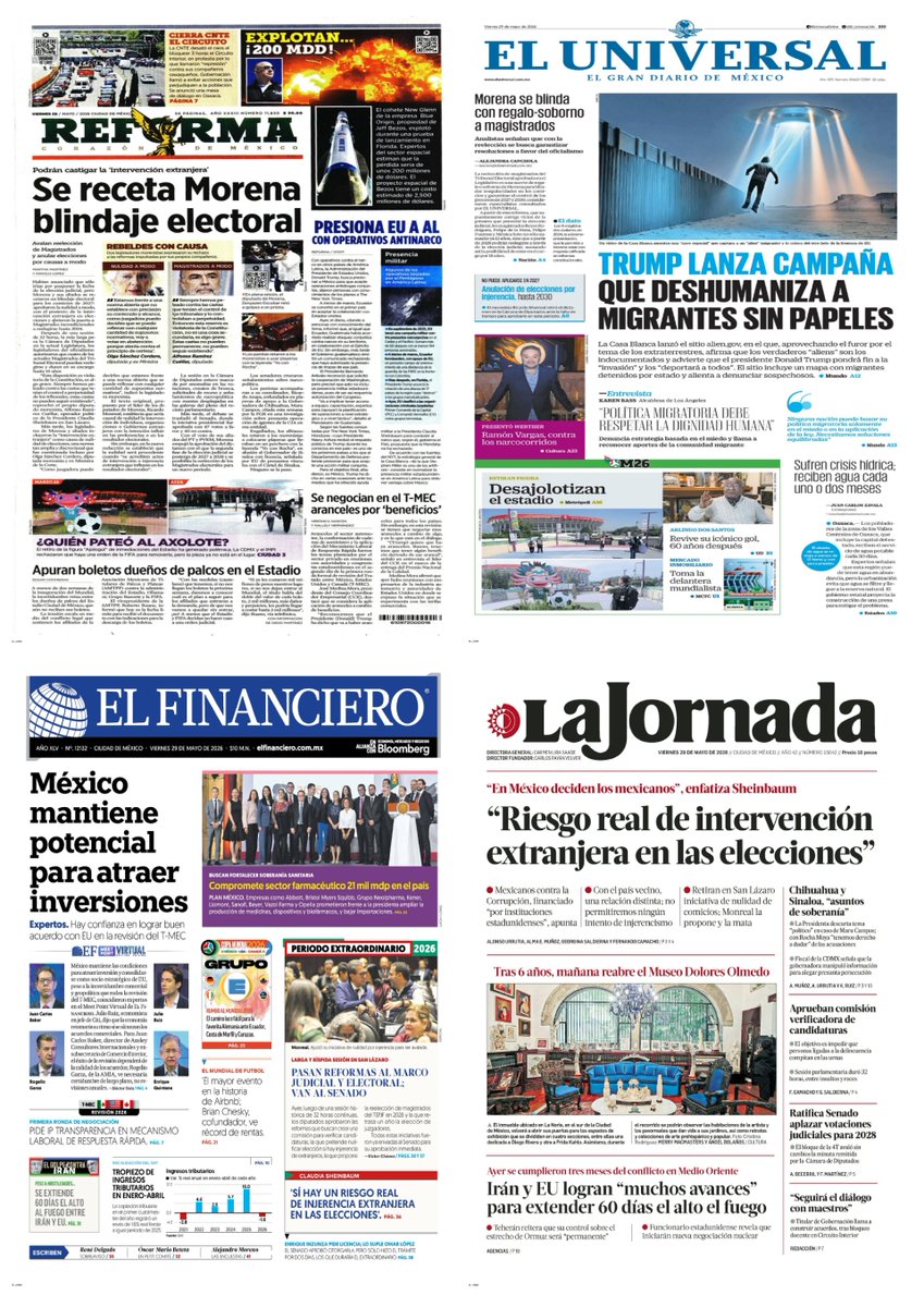 castroclemente's tweet photo. #PrimerasPlanas📰
#Portadas
- Se receta Morena blindaje electoral
• Aprueba nulidad a modo con "injerencia extranjera"
• Da regalo-soborno a magistrados del TEPJF
Hay #monos "soberanos"
TT: Yolett Cervantes Cuaquehua
FIFA Chihuahua Sinaloa
#TromposyPirinolas
#FelizViernes https://t.co/CTqU69DZKe