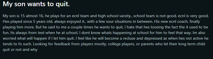 coach_kevin_m's tweet photo. One of the comments on this Reddit thread:

"At ECNL level, soccer is not a game and it’s more like a job."

Jeez https://t.co/PFTCnXdrOS