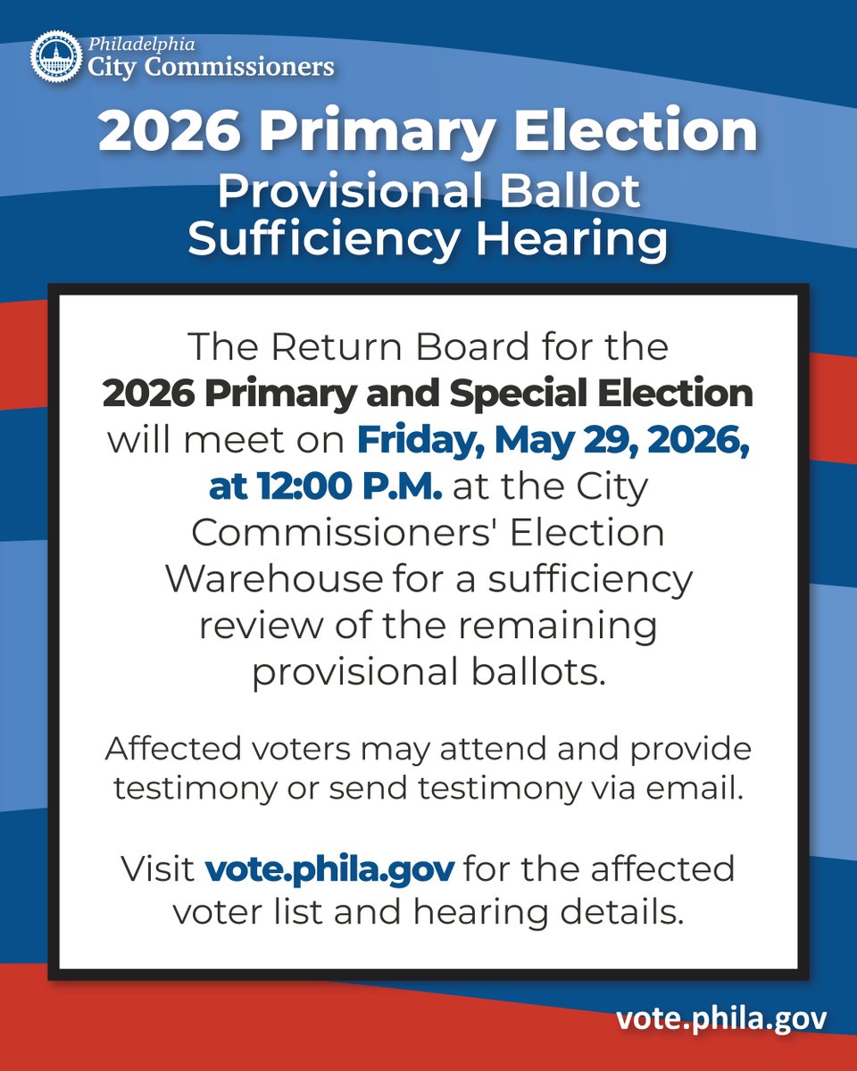 PhillyVotes's tweet photo. Today’s Return Board Meeting and Provisional Ballot Sufficiency Hearing begins in 10 minutes! Tune in to the public meeting livestream at 12:00 P.M. on https://t.co/Xj7LmgcSPo.

Explore the meeting agenda and transcript archive at https://t.co/Zm1vIF3gaU. #PhillyVotes https://t.co/vhtTYRMw7k