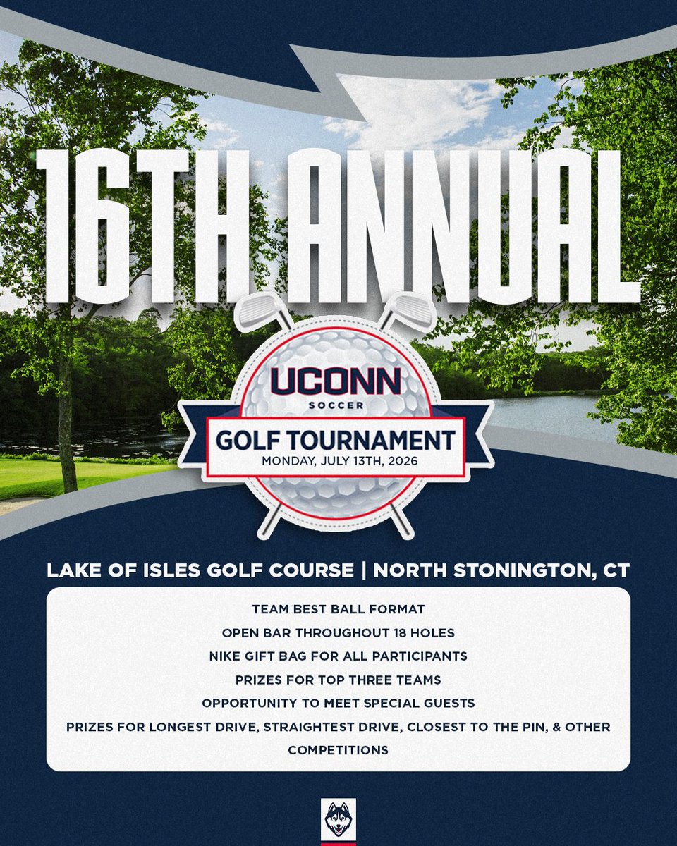 UConnMSOC's tweet photo. Save the date🗓️

Join us for our 16th annual golf tournament on July 13 at the Lake of Isles Golf Course!

Register➡️ https://t.co/pg90kclOzk https://t.co/BTgMwW8wS6